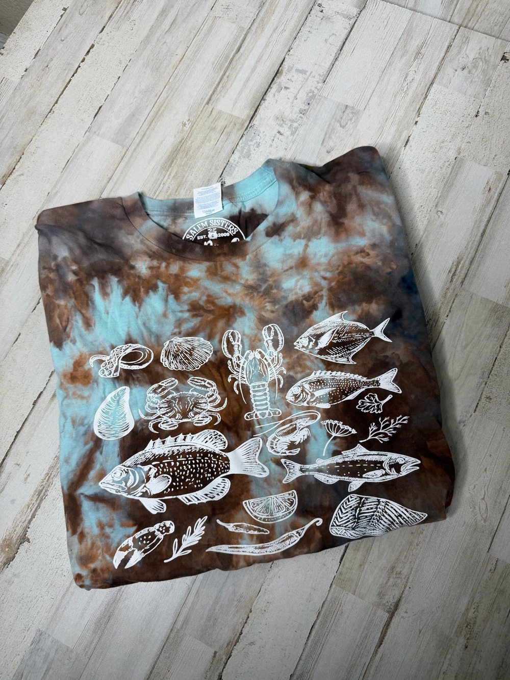 Seafood Graphic Tie-Dye Short Sleeve Tee Blue & Brown